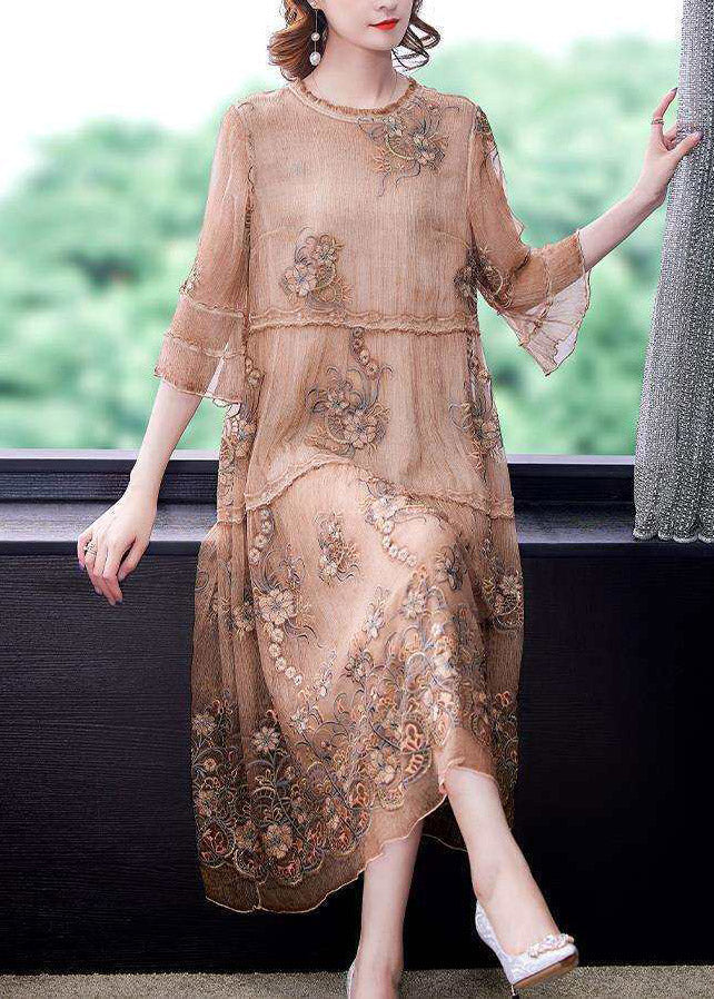 Embroidered Ruffled Patchwork Silk Long Dress Half Sleeve