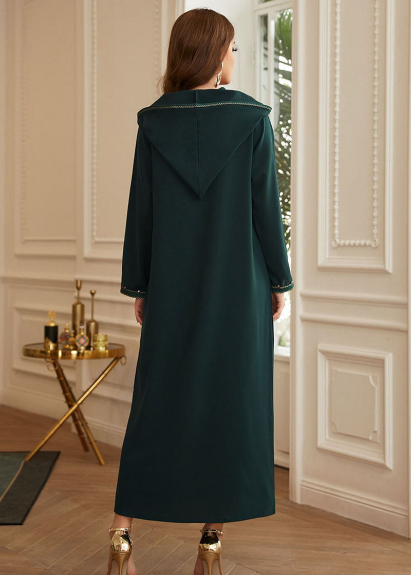 Green Patchwork Zircon Hooded Silk Long Dresses Long Sleeve