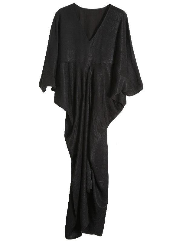 Unique Black Asymmetric V Neck Silk Party Dresses