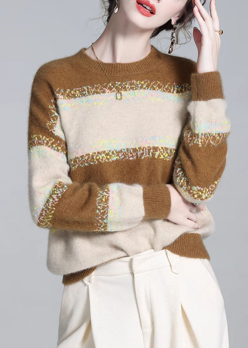 Yellow O Neck Striped Cashmere Knit Sweaters Winter