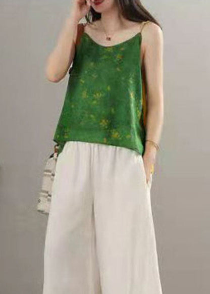 Green Print Patchwork Spaghetti Strap Tops Summer