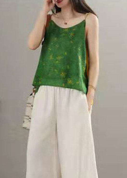 Green Print Patchwork Spaghetti Strap Tops Summer