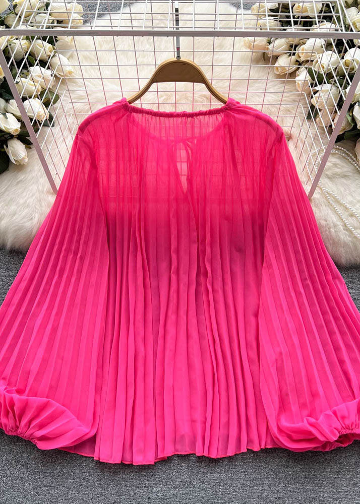 Rose O Neck Wrinkled Patchwork Chiffon Blouse Tops Summer