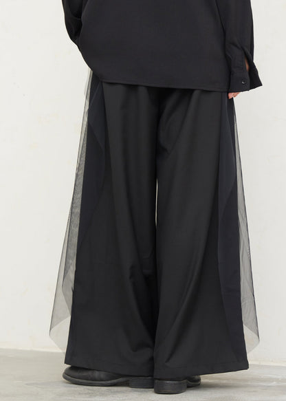 Chinese Style Black Pockets Graphic Tulle Patchwork Wide Leg Pants