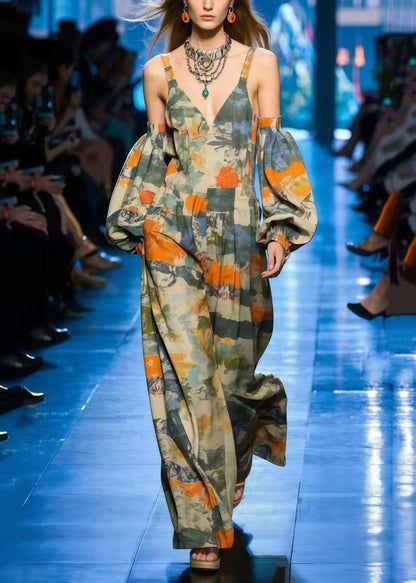 Cold Shoulder Print Cotton Jumpsuit Lantern Sleeve