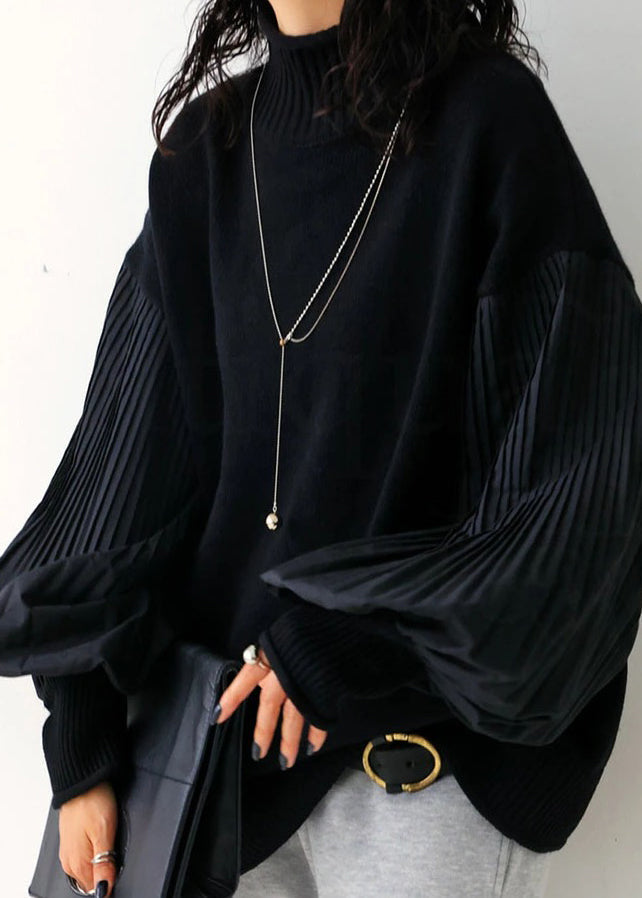 Army Green Hign Neck Wrinkled Patchwork Knitted Tops Lantern Sleeve