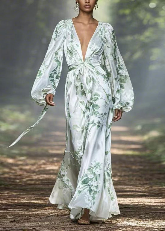 V Neck Print Silk Maxi Dress Spring