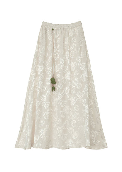 Loose White Print Elastic Waist Satin a Line Skirt Fall