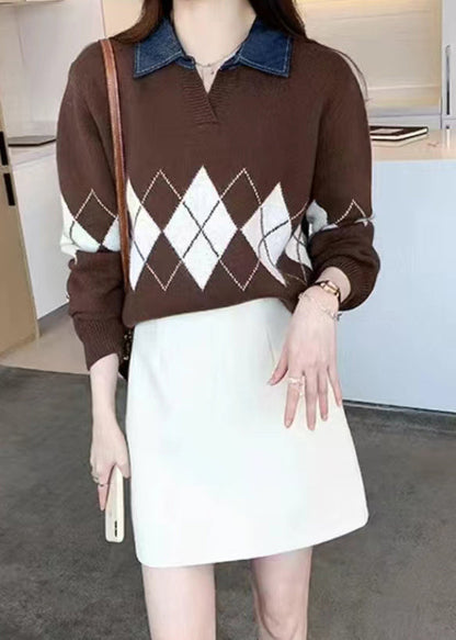 Coffee Peter Pan Collar Geometric Patchwork Knit Blouses Fall