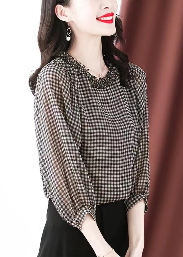 Boutique Black White Plaid O-neck Button Ruffled Silk Top Puff Sleeve