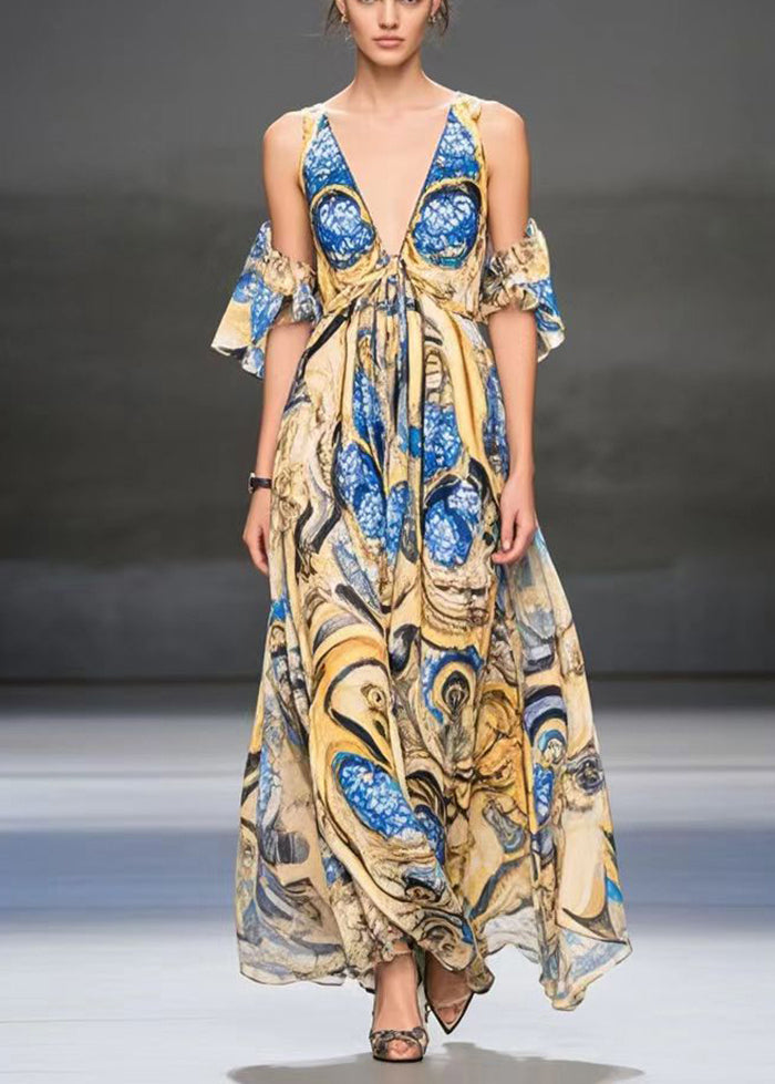 Yellow Cold Shoulder Print Chiffon Dress Summer