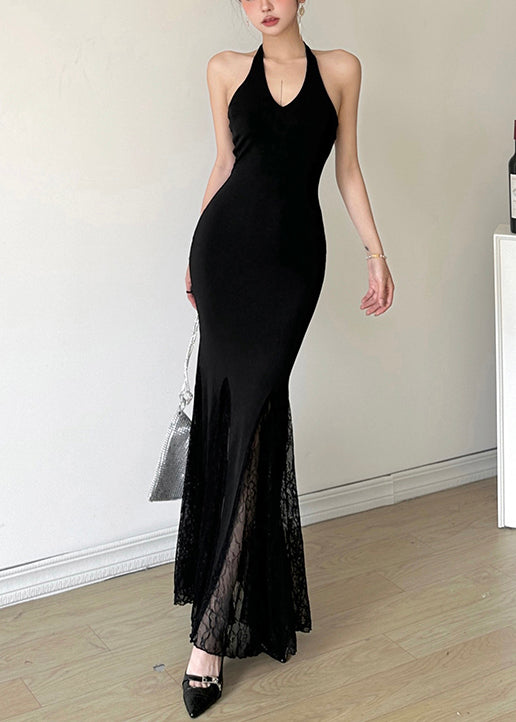French Black Halter Patchwork Lace Party Dresses Summer