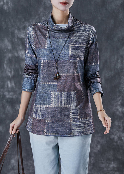 Blue Grey Plaid Thick Warm Fleece Top Turtle Neck Winter