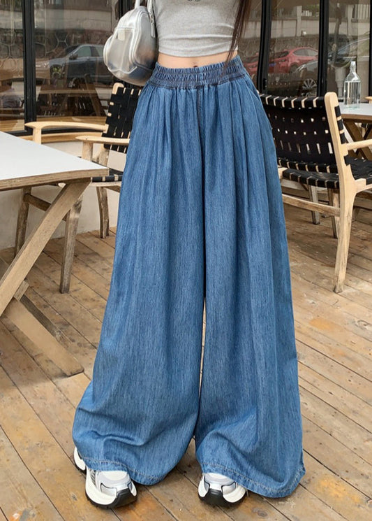 Navy Elastic Waist Denim Wide Leg Pants Summer