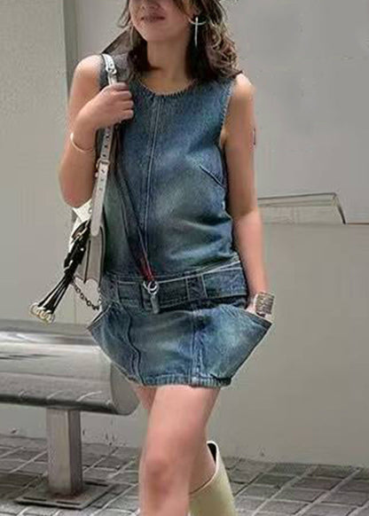 Blue O-neck Patchwork Sashes Denim Mid Dress Sleeveless