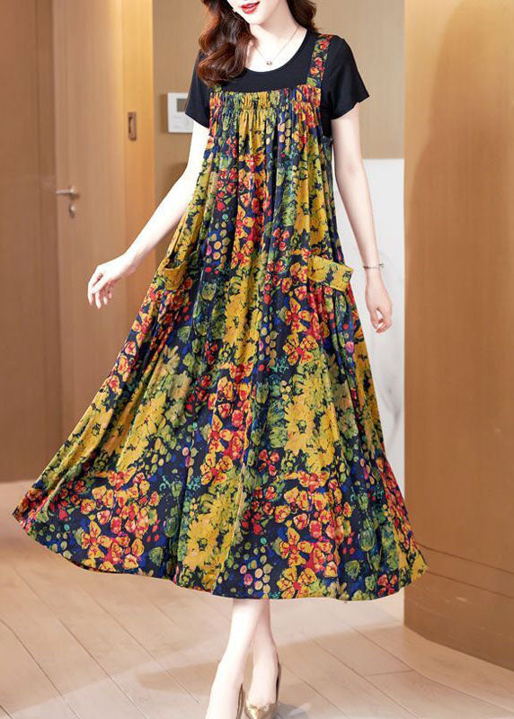 Yellow Print Exra Large Hem Silk Holiday Dresses Summer
