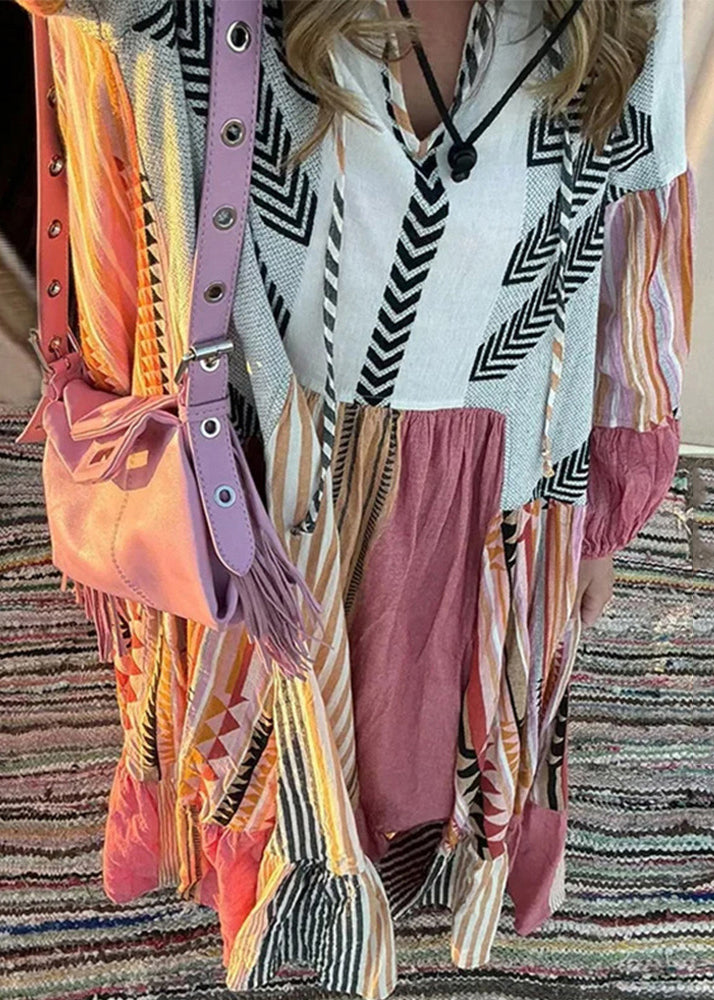 Colorblock Lace Up Print Cotton Maxi Dress Long Sleeve