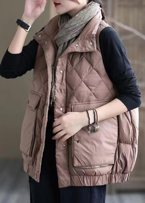 Pink Button Pockets Patchwork Duck Down Waistcoat Sleeveless