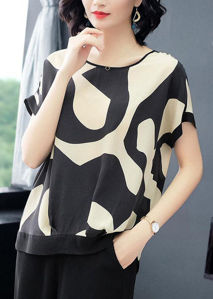 Stylish Black O-neck Print Low High Design Chiffon Tanks Short Sleeve