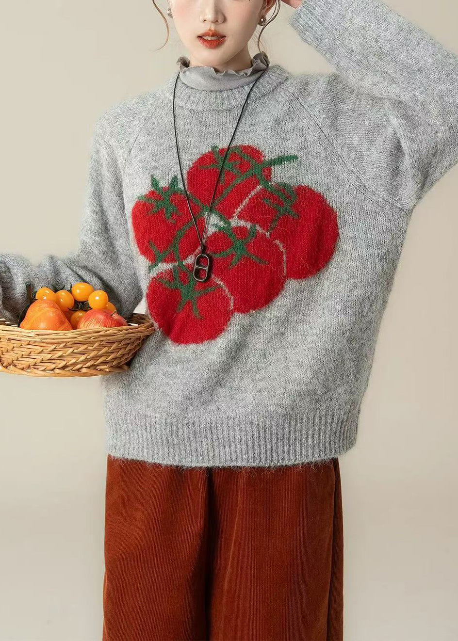 Grey Print Chunky Oversized Knitted Tops Winter