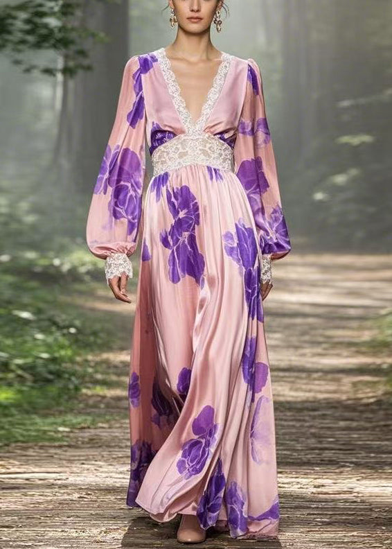 Pink V Neck Print Patchwork Silk Long Dress Spring