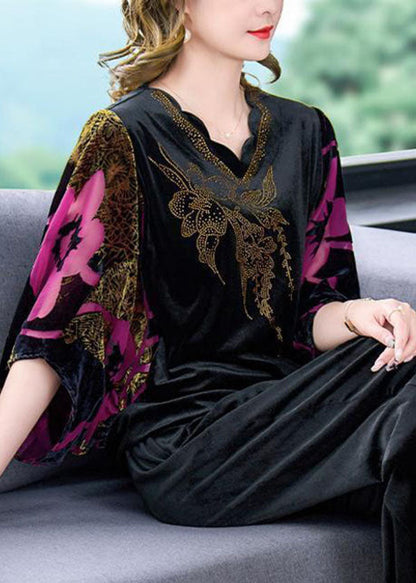 Rose Print Silk Velour Tops and Pants Two Pieces Set V Neck Batwing Sleeve