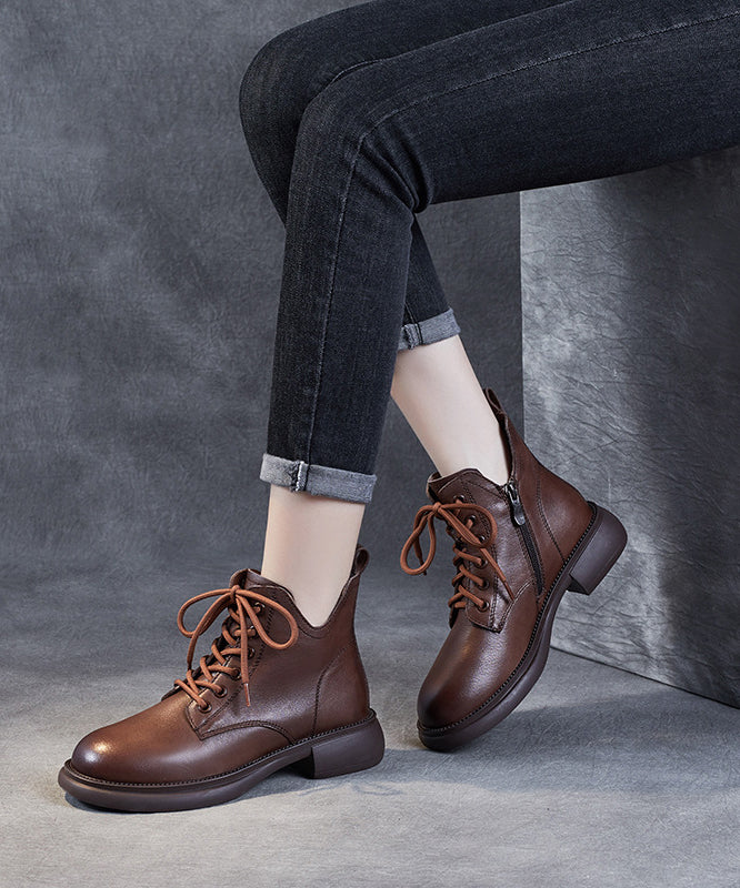Brown Lace Up Chunky Boots Cowhide Leather Ankle Boots