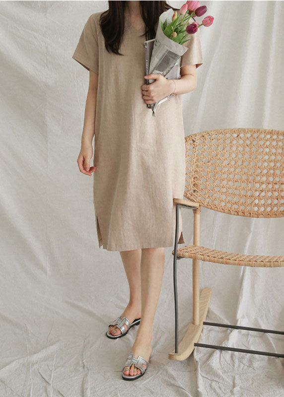 V Neck Patchwork Side Open Linen Mid Dresses Summer