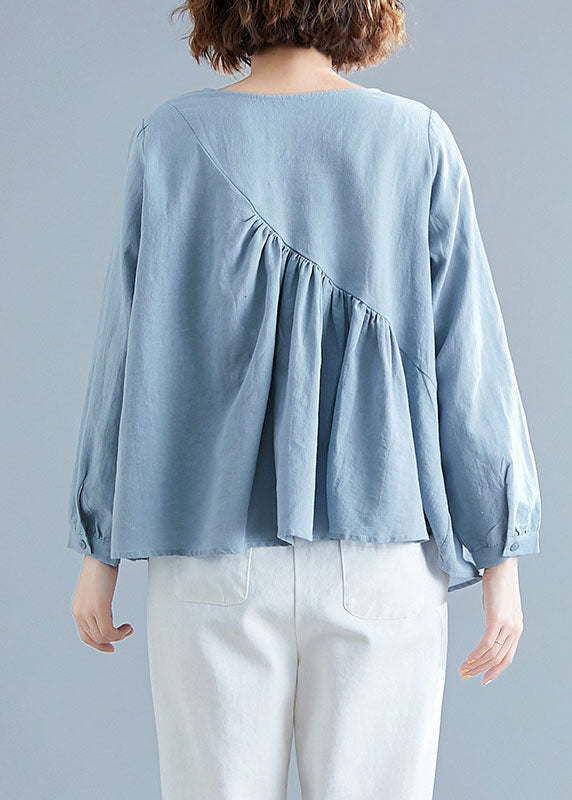 Loose Blue O-neck Pockets Patchwork Fall Long Sleeve Top