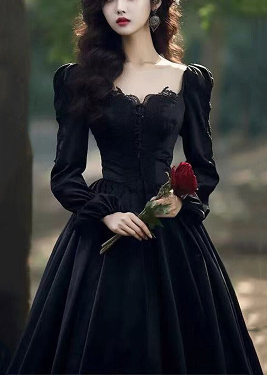 French Black Lace Wrinkled Patchwork Velour Dress Spring