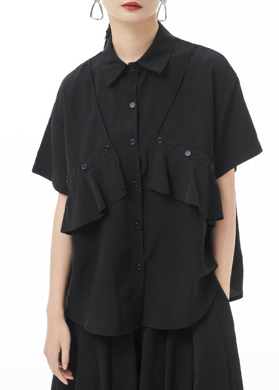 Black Peter Pan Collar Asymmetrical Design Shirt Tops Short Sleeve