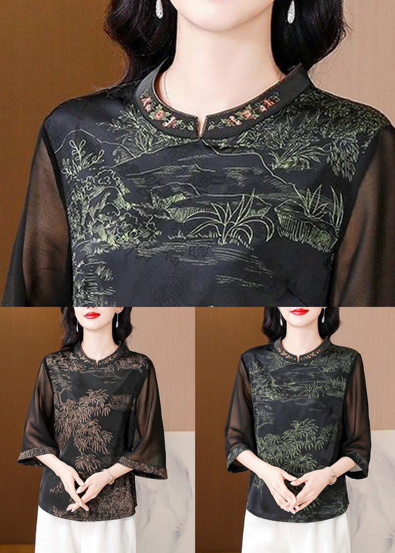 Green Stand Collar Print Silk Top Half Sleeve