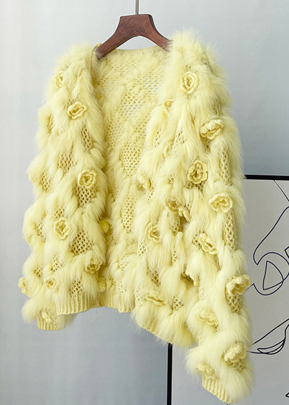 Yellow Patchwork Mink Hair Knitted Coats Lantern Sleeve