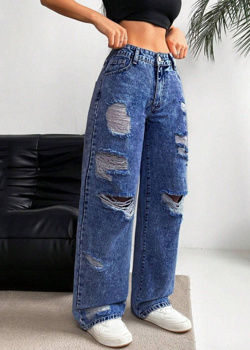 Dark Blue High Waist Ripped Wide Leg Denim Pants Spring
