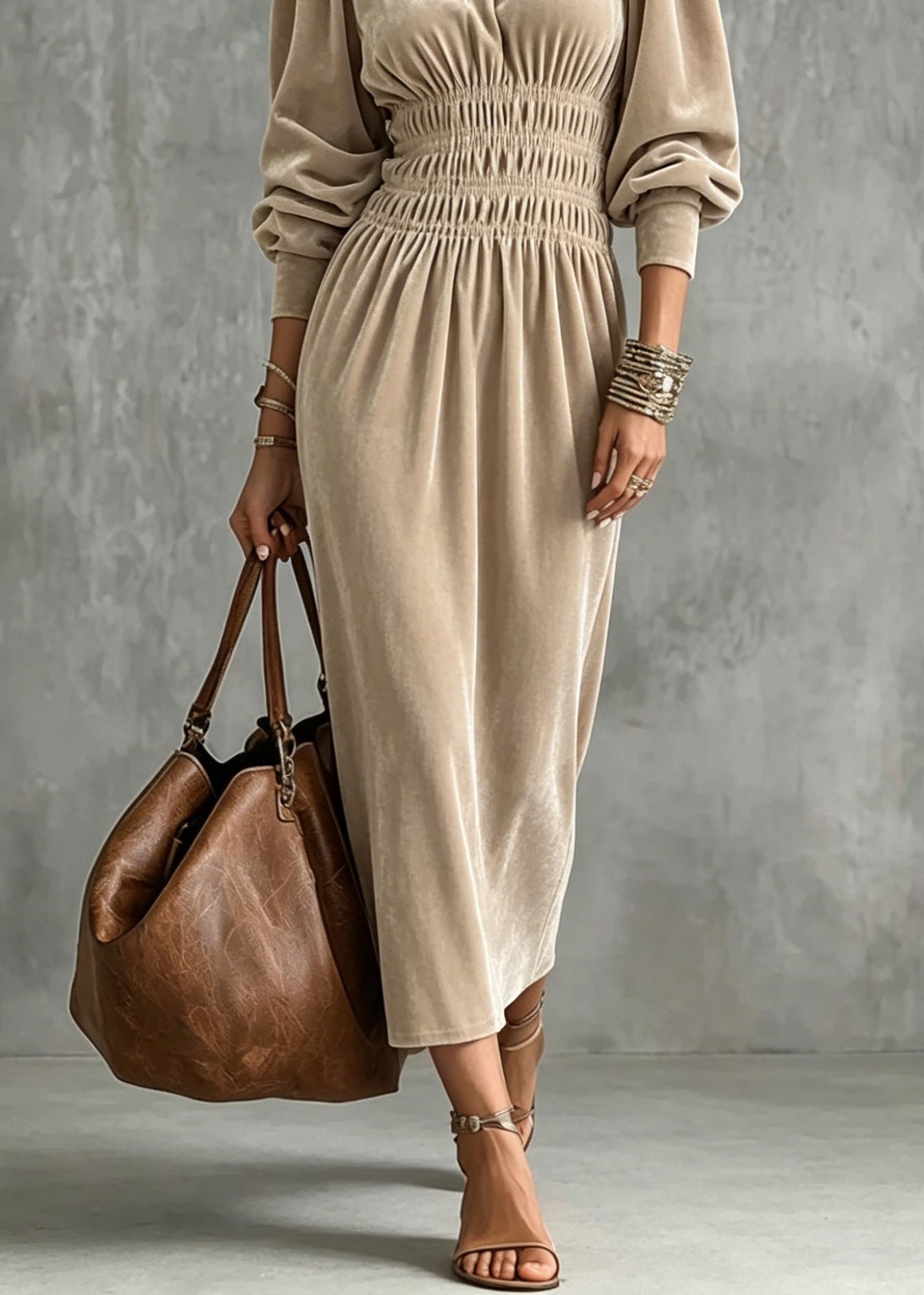 Apricot Hign Neck Wrinkled Patchwork Velvet Dress Lantern Sleeve