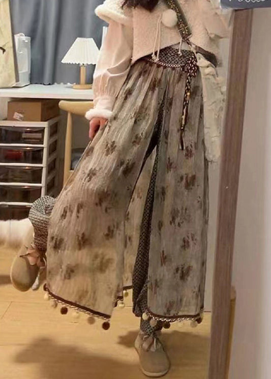 Coffee Tasseled Pockets Patchwork Cotton Lantern Pants Spring