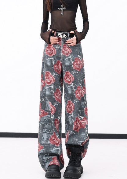 Red Pockets Print Denim Wide Leg Pants Fall