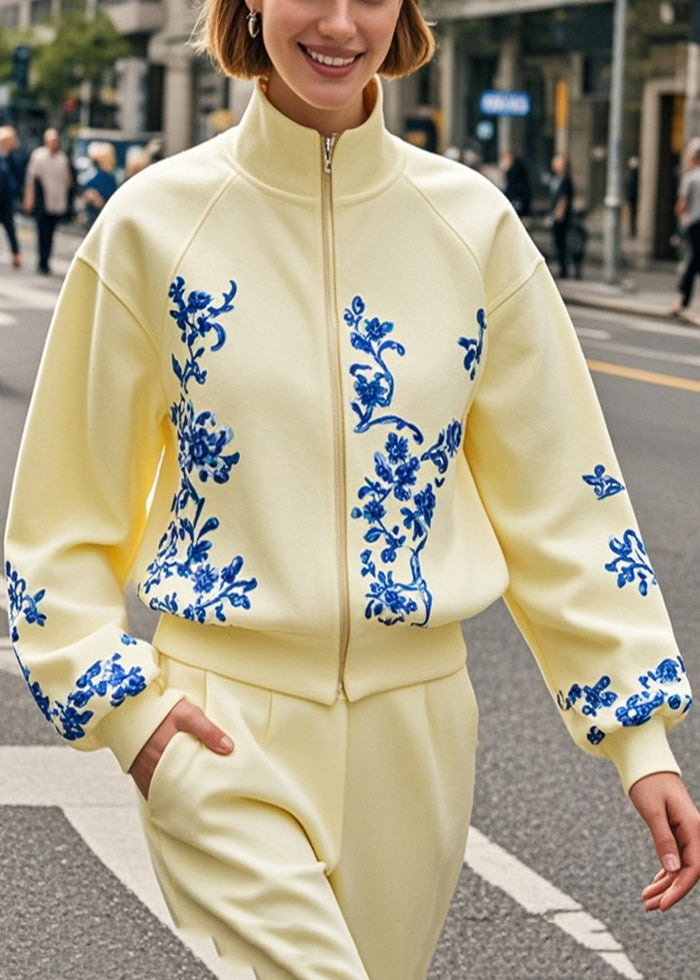 Yellow Stand Collar Print Cotton Jacket Fall