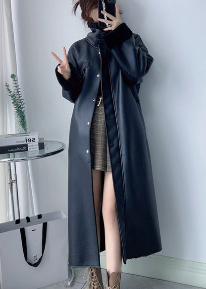 Boutique Black Stand Collar Leather and Fur Warm Coat Winter