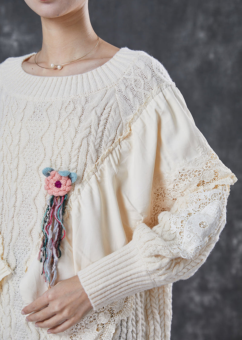 French Apricot Ruffleds Patchwork Knit Sweater Dress Winter
