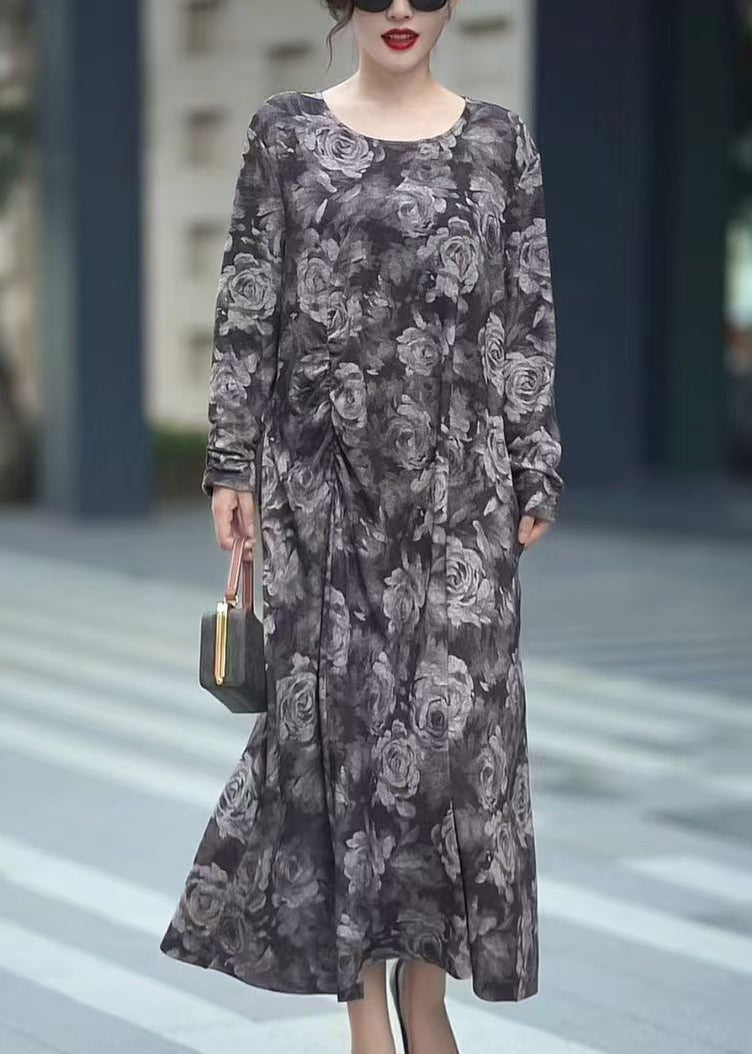 Grey O Neck Print Cotton Long Dress Fall
