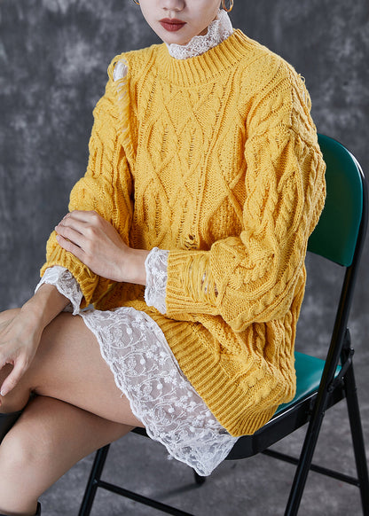 Modern Yellow Thick Knit Ripped Sweater and Lace Dress Two Pieces Set Winter