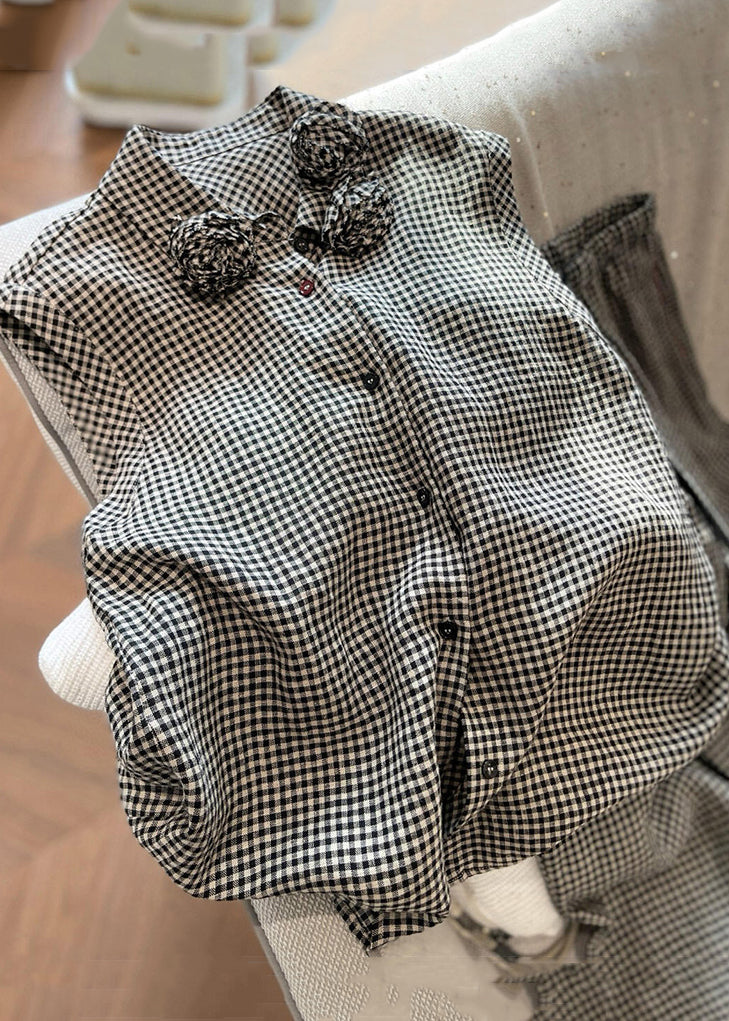 New Plaid Button Cotton Two Pieces Set Sleeveless