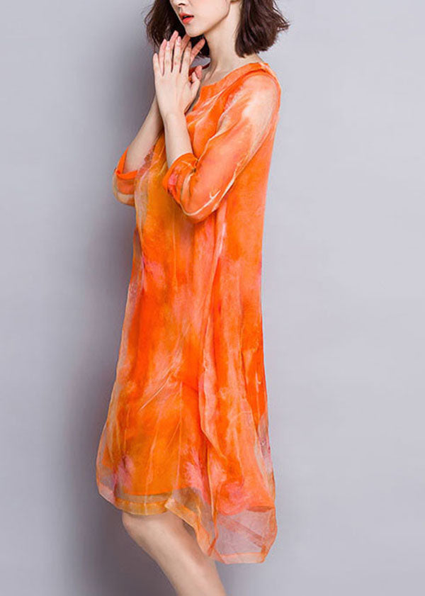 Orange V Neck Print Layered Design Silk Vacation Dress Half Sleeve