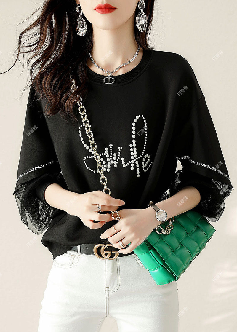 Black Tulle Print Cotton Loose Sweatshirt Spring