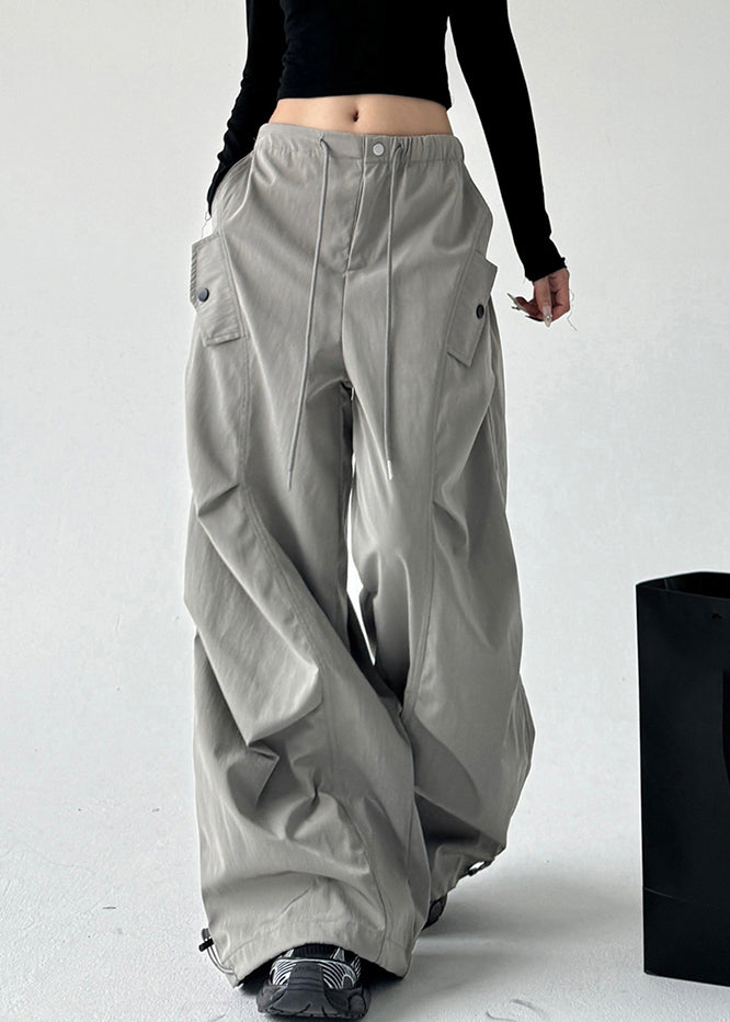 Grey Pockets Tie Waist Wide Leg Pants Spring
