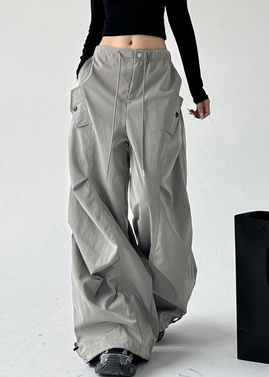 Grey Pockets Tie Waist Wide Leg Pants Spring