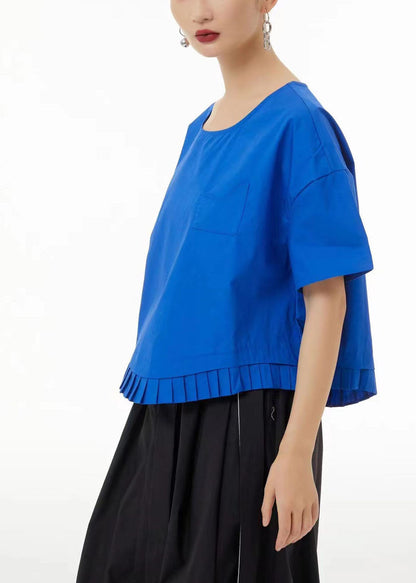 Unique Purple O-neck Patchwork Wrinkled Cotton Shirt Summer