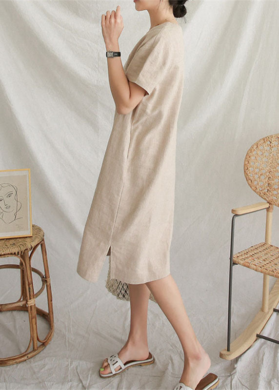 V Neck Patchwork Side Open Linen Mid Dresses Summer
