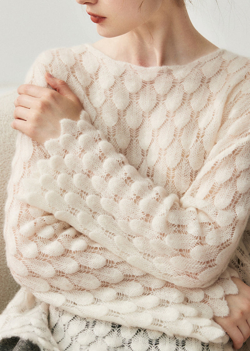 Light Blue Slash Neck Hollow Out Cotton Knit Sweater Fall